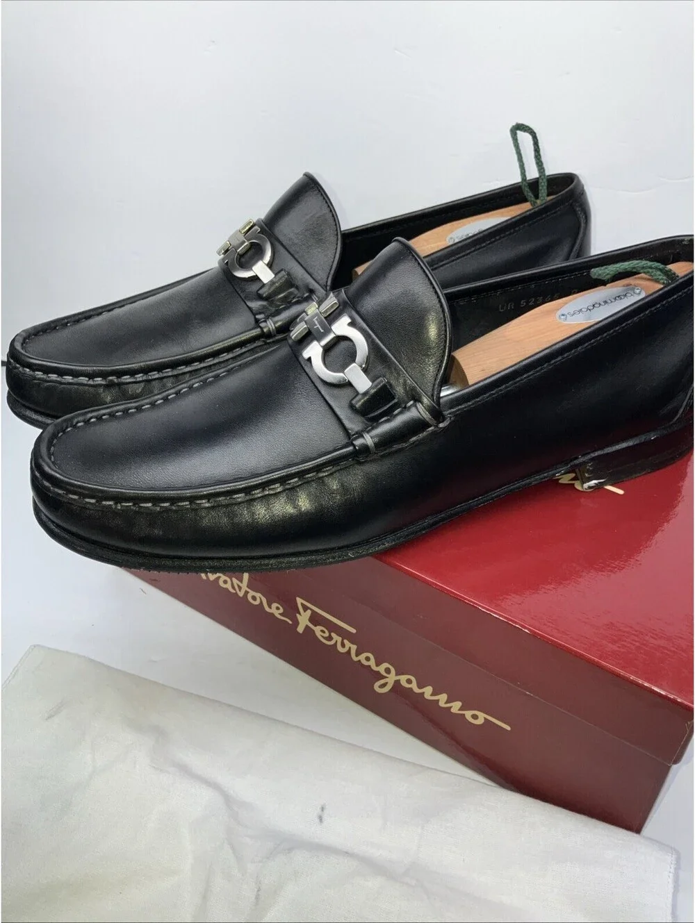 Salvatore Ferragamo Mens SONIC Black Shoes Gancini Silver Bit Loafers 12 D CLEAN